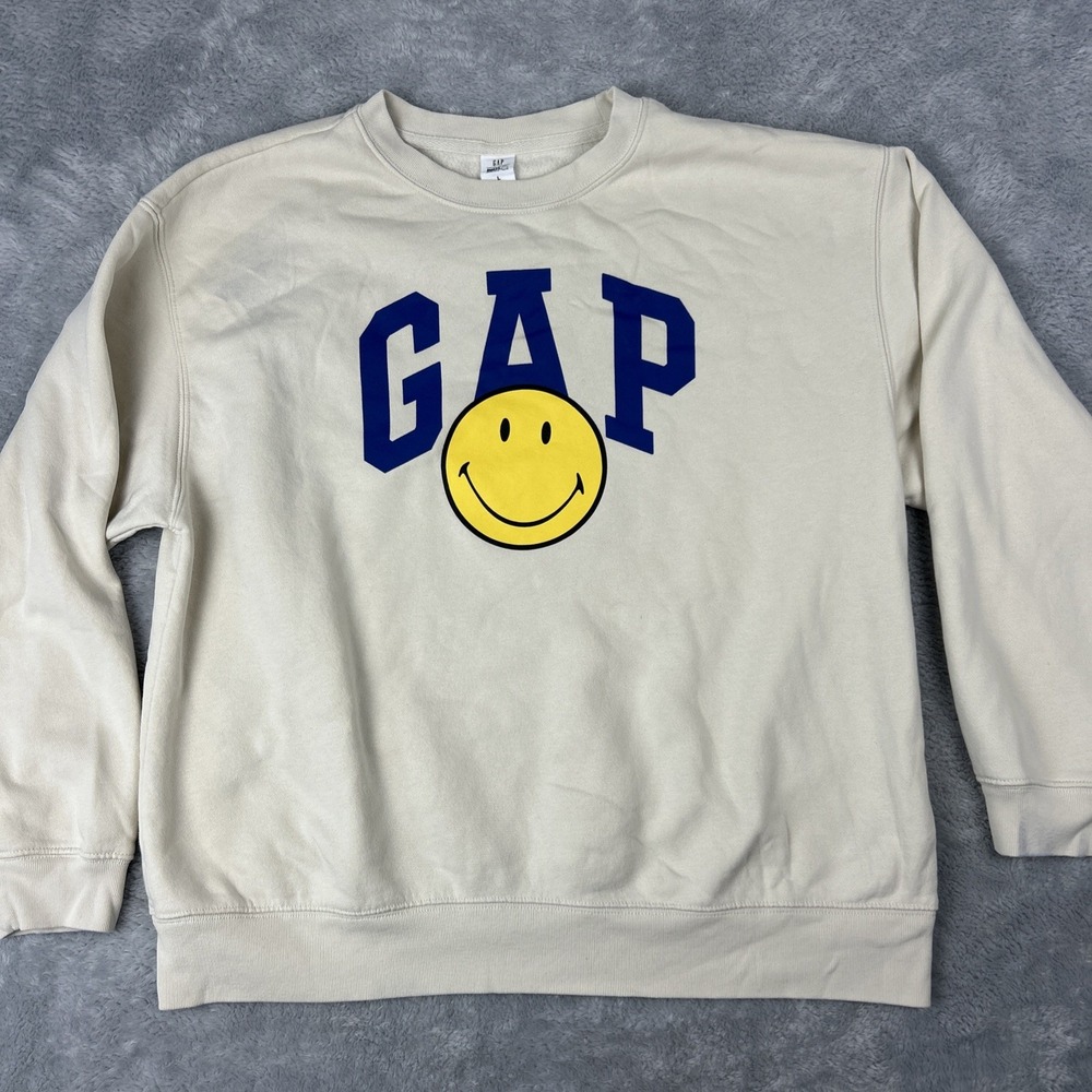 Gap Smiley Sweatshirt Womens Large Beige Original Logo Crew Neck Pullover Fleece